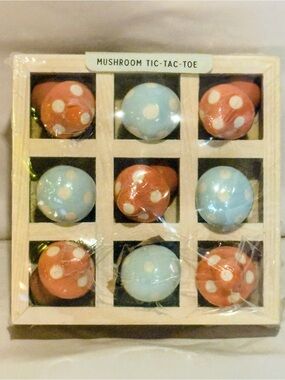 Mushroom Tic-Tac-Toe Wooden Game - Light Blue & Coral